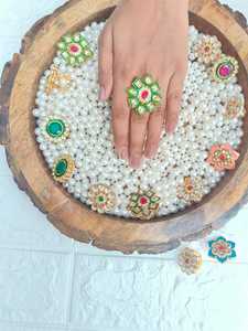 Combo Set of 3 Kundan Ring Bracelet <b>Anklet</b> Ethnic Jewelry <b>Women</b> Girls Festival Wedding Haldi Mehndi Favor Adjustable & Assorted - Product Image 5