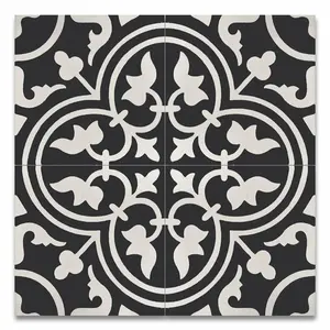 Flora Encáustica 8x8 Blanco Negro Azulejo de pared de piso de cemento pulido Acabado brillante Función de ladrillo refractario Uso interior Caja de 9 cuadrados - Product Image 1