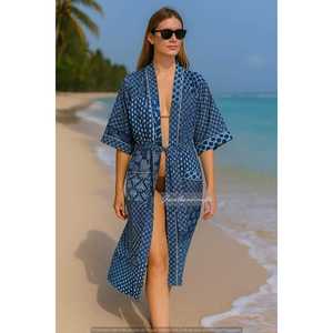 Robe Kimono en Coton à Imprimé Floral, Peignoir de Demoiselle d'Honneur Imprimé au Bloc, Vêtement de Nuit d'Été Taille Unique pour Usage Domestique, Robe de Mariée ODM - Product Image 1