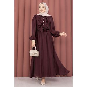 Conjunto de hiyab informal transpirable de manga larga color ciruela para mujer con detalle de volantes en la parte delantera, tela modal - Product Image 5