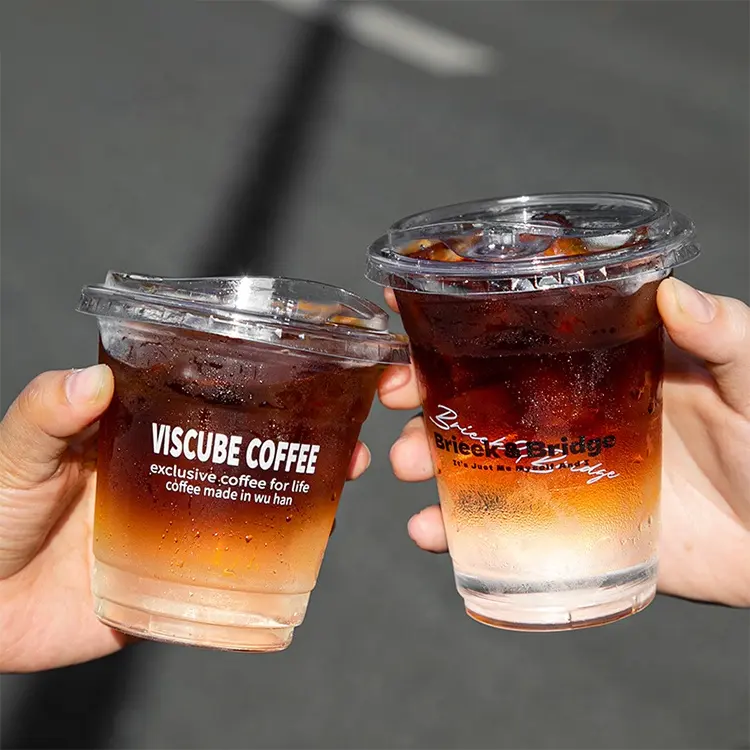 wholesale custom 10 12 14 16 20 24 oz disposable Clear plastic pet cup with dome flat lid For Iced Coffee