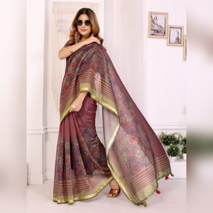 Sari indien en soie de couleur olive maron à fleurs, pour mariage, vêtements de fête, best-seller, avec pièce de blouse non cousue - Product Image 2