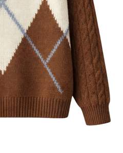 Customized Premium Men Turtleneck Argyle Knit Sweater Soft Warm <b>Cable</b> Sleeve Winter Pullover Casual Fashion Top Brown Blue Color - Product Image 6