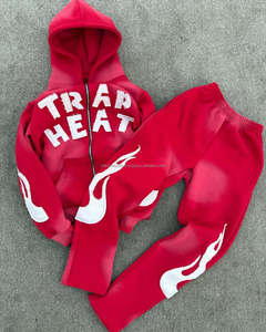 ชุดเซ็ตแฟชั่นสตรีทแวร์ทรงโอเวอร์ไซส์ ผ้าฝ้าย 100% ระบายอากาศได้ดี แบบถัก ซิปหน้า สไตล์ดิสเทรส  สำหรับผู้ชายและผู้หญิง เสื้อฮู้ดดี้สำหรับฤดูใบไม้ร่วง - Product Image 1