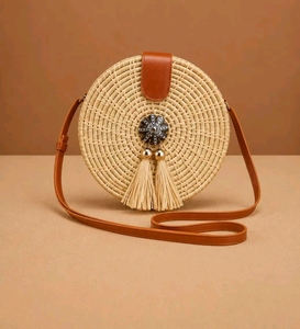 Round Rattan Woven <b>Straw</b> Preppy Style Tassel Shoulder Crossbody <b>Bag</b> for Women Vintage Summer Travel Purse - Product Image 3