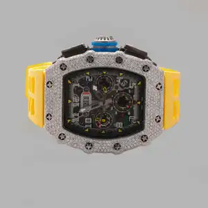 Herren ETA oder Japanisches Uhrwerk VVS Moissanite-Uhr / voll eingefrostet riesige mechanische Uhr mit gelben Gummiband