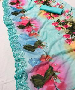 Imprimé brodé sari + chemisier dernière mode indienne dames pas cher bas prix saris tenue de fête mariage indien femmes porter Alphanumero - Product Image 5