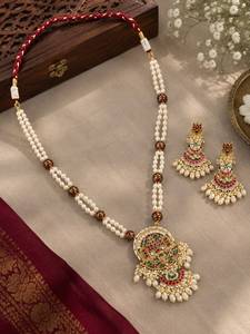 TISHYA DIAMOND Ethnic Gold Plated Round Brilliant Cut <b>Pearl</b> Necklace Earring <b>Set</b> Women's Wedding <b>Jewelry</b> Alloy - Product Image 3