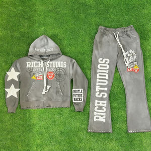 Ensemble de vêtements de rue pour hommes personnalisés, pantalon vintage délavé, sweat-shirt ample surdimensionné avec patch brodé, imprimé, sweat-shirt uni - Product Image 1