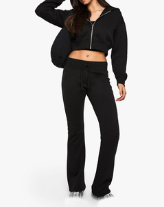 ชุดวอร์มผ้าฝ้ายฟลีซสำหรับผู้หญิง เสื้อฮู้ดครอปซิป กางเกงจ็อกเกอร์ทรงบาน ทรงหลวม สไตล์ลำลอง ผลิตแบบ OEM - Product Image 3