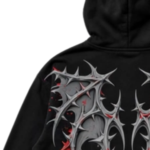 Sweat-shirt à capuche zippé noir pour homme avec motifs tribaux rouges et gris, coupe oversize, style streetwear, pour tenues décontractées, commandes en gros - Product Image 4