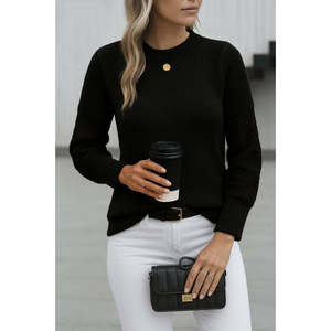 Blusa de punto de manga larga con cuello redondo para mujer, 29011 - Negro - Product Image 3