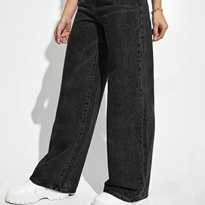 Offre Spéciale femmes feuille noir Denim pantalon mode décontracté Street Wear fille longue jambe large lâche lavé Denim haut jean pantalon - Product Image 3