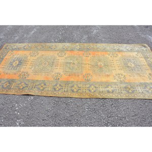 Vintage Turkish <b>Rug</b> Classic Orange Green Patchwork Design 4.3x9.8ft Wool Viscose Material Latex Backing for Living Room <b>Bedroom</b> - Product Image 3
