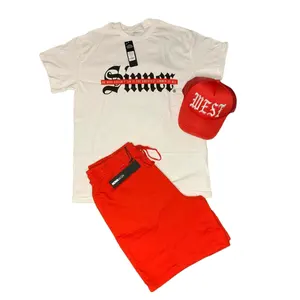 Camiseta 100% algodão de excelente qualidade com shorts combinando com logotipo de chapéu conjunto de shorts combinando personalizados impressos em tela