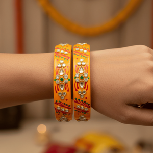 กำไลข้อมือแบบ Kundan สีส้ม ของสะสมทางวัฒนธรรม เครื่องประดับอินเดียแบบดั้งเดิม - Product Image 1