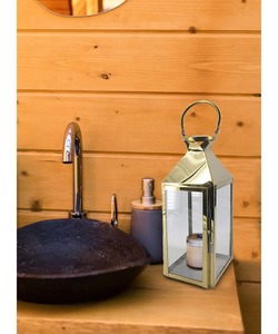 Handcrafted Tall <b>Gold</b> Metal and Glass <b>Lantern</b> with Carry Handle Sleek Polished <b>Gold</b> <b>Lantern</b> for Indoor and Outdoor Decor - Product Image 2