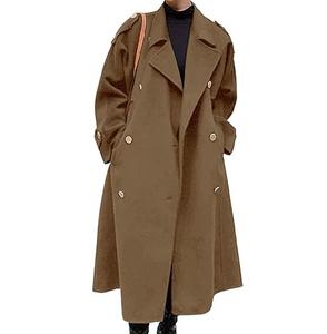 Último Modelo de Abrigo Tipo Gabardina para Mujer, Color Amarillo Liso, Talla Grande, Corte Holgado, Cuello Redondo, Transpirable, Mezcla de Lana - Product Image 6