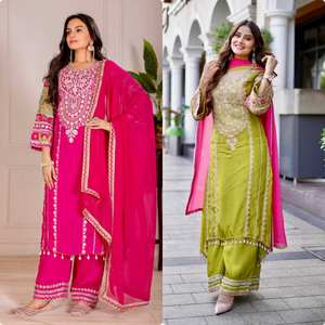Designer Vichitra <b>Silk</b> <b>Fabric</b> Palazzo Suit Embroidered Sequence Work for Weddings Parties Festivals-Indian Pakistani Clothing - Product Image 6