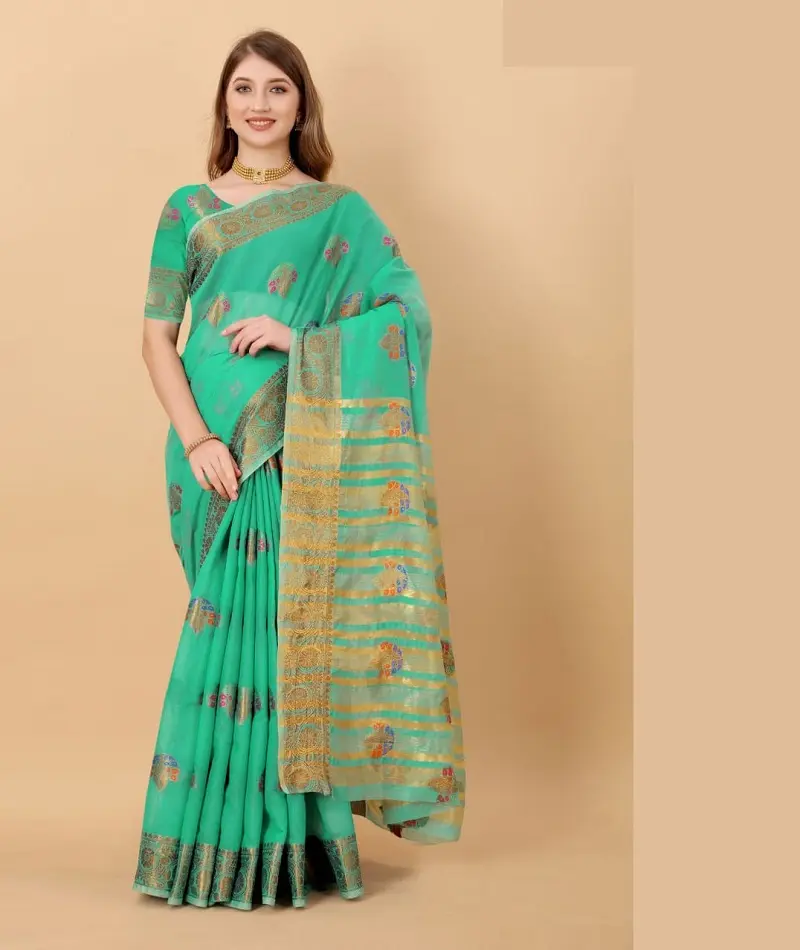 New Arrival Style Span Baumwoll seide in exklusiver Grenze mit Saree aus Baumwolle mit Mina Butta Look Hochzeits kleidung Sari für Frauen
