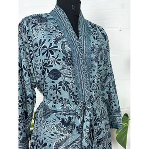 Bohemian Blue Black Floral New Silk Sari Kimono Luxury Anniversary Birthday Gift for Her Women's Regal House <b>Beach</b> <b>Robe</b> Single - Product Image 4