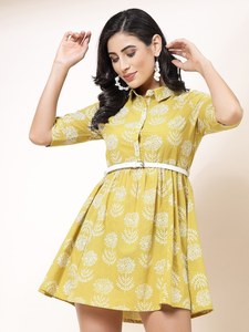 Nouvelle Robe Courte Évasée Décontractée pour Femme, Col Chemise, Manches Courtes, Imprimé Floral Jaune Moutarde, en Mélange de Coton, Ceinturée, Coupe Ajustée, Idéale pour l'Été - Product Image 5