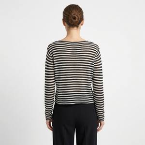 T-shirt décontracté à rayures fines en maille respirante à col rond et manches longues, 25 % lin, 20 % lyocell, taille unique (38-44) pour femme - Product Image 2