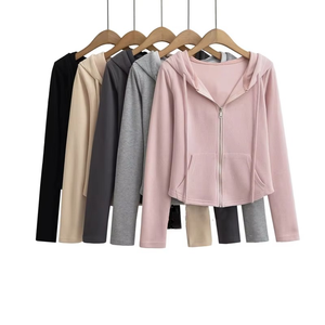 Sudaderas cortas con cremallera de cuello alto para mujer, cómodas y transpirables, con cremallera completa de invierno con dos bolsillos, ropa informal - Product Image 2