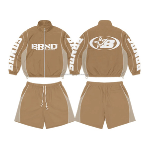 ชุดวินด์เบรกเกอร์ออกแบบโลโก้เองสำหรับผู้ชาย ชุดเซ็ตเสื้อฮู้ดและกางเกงขาสั้น ผ้าไนลอนโพลีเอสเตอร์ ลายเรียบ มีฮู้ดสำหรับฤดูหนาว - Product Image 3