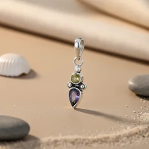 Pendentif classique pour femme en argent 925 avec améthyste et citrine, chaîne en or rose avec un ensemble de perles de diamant, forme de fleur, bijoux de fiançailles - Product Image 2