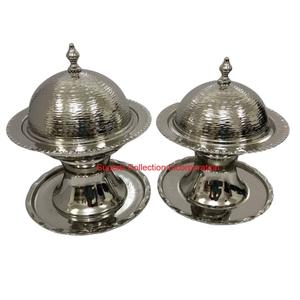 Modern Brass Date <b>Bowl</b> Hammered Finish & Wooden Base Islamic Crescent Moon <b>Lid</b> Luxury Decorative Serving Platter For Ramadan - Product Image 2