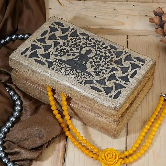 Wooden Jewellery Trinket Box Keepsake Storage Organizer with Hand Carved Buddha Tree Design