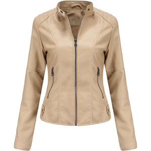 Women's Beige PU <b>Leather</b> Moto <b>Jacket</b> Full Sleeve Stand Collar Zipper Closure Regular Fit Autumn Style - Product Image 3