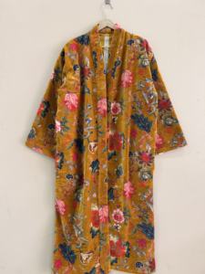 <b>Velvet</b> Kimono Robe <b>For</b> <b>Women</b> Handmade Cotton <b>Velvet</b> Long Dressing Gown Lounge Wear Jacket - Product Image 1