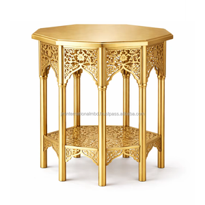 Table d'appoint marocaine moderne, table basse ronde dorée vieillie avec plateau large en verre miroir pour salon, fabricant grossiste - Product Image 4