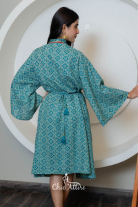 Nouveau bloc de main imprimé coton Kimono Robe pour femmes avec cravate à la taille léger vêtements de détente couvrir Boho Style été vêtements de nuit - Product Image 5