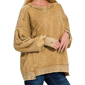 Sweat-shirt personnalisé vintage pour femme en coton/polyester polaire uni de haute qualité, avec logo brodé effet délavé soleil, col rond vieilli et fini acide - Product Image 6