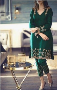 GOLDEN EMBROIDERY on BOTTLE GREEN LONG KURTA & PANT DRESS WITH EMBELLISHED DABKA,PEARLS,STONE WORK for PARTY-WEAR/ WEDDING=2024 - Product Image 2