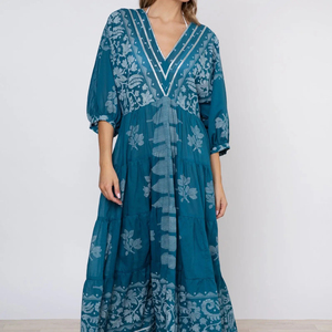 Bohemian V-Neck Floral Print Jersey Maxi <b>Dress</b> with Puff Sleeves Loose Mid-<b>Calf</b> Casual 100% Cotton Eco-Friendly A-Line for Women - Product Image 1