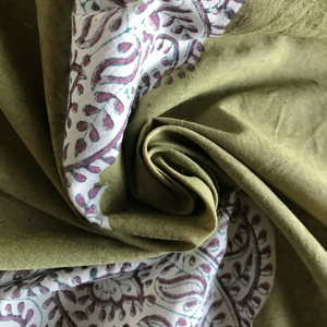 CHHAAPE Women's Hand Block Printed Cotton Fabric Olive Green Base with White & Maroon Paisley (Kairi) Motif - Product Image 1