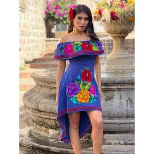 Robe noire à épaules dénudées pour femmes, brodée de fleurs, ourlet haut-bas, robe ethnique bohème, tenue de soirée d'été, robe en coton - Product Image 3