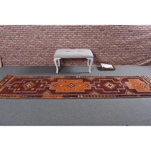 Turkish Vintage Rug, 2.7x11.1 ft Herki Rug, <b>Red</b> Orange Solid <b>Wool</b> Rug - Product Image 3