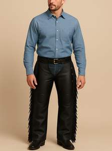 Chaps de cowboy en cuir véritable brun faits à la main avec franges, chaps d'équitation pour hommes - Product Image 3