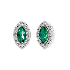 Elegante Preciosa Esmeralda Marquesa Corte Piedra Preciosa Stud 14K Plata o Oro Blanco Pendientes con Diamante Brillante Halo Fino Precioso - Product Image 3