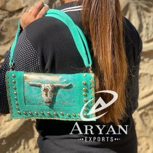 Metallic Fur Leather Handbag Western Style Crossbody Handbag Steer Carving Sling <b>Purse</b> Western Style Handbag - Product Image 1