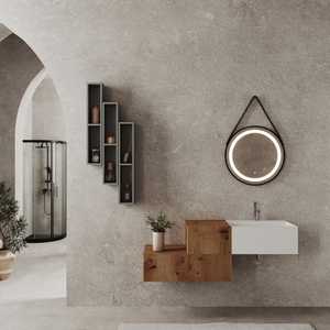 140 cm Composition Bathroom <b>Set</b> with 3 Gold Oak Drawers and Round <b>Mirror</b> Featuring Rota Strap - Product Image 2