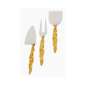 Juego de utensilios contemporáneos para servir queso de acero inoxidable con mango de hoja de latón - Product Image 1