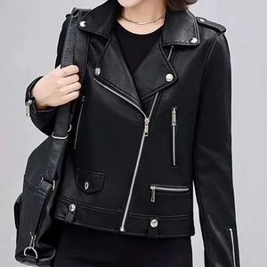 Femmes en cuir véritable au crochet séchage rapide à manches courtes moto veste décontracté revers fermeture éclair manteau hiver - Product Image 3