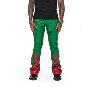 Haute qualité personnalisé hommes pantalons droite incurvé rayé en cuir empilé pantalon hommes véritable taille haute en cuir vert couleur pantalon 2025 - Product Image 5