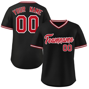 Maillot de baseball noir personnalisé avec nom et numéro d'équipe imprimés en rouge et blanc, uniforme de sport sublimé personnalisé - Product Image 1
